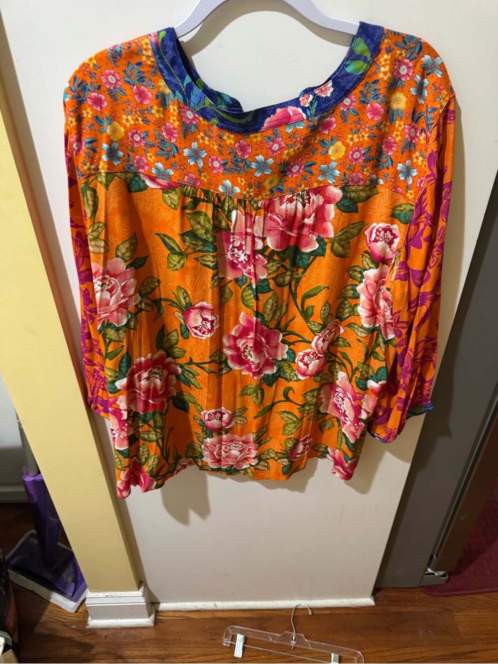 John Mark Orange Floral Button-Front Blouse with Pink Blooms - Picture 9 of 9